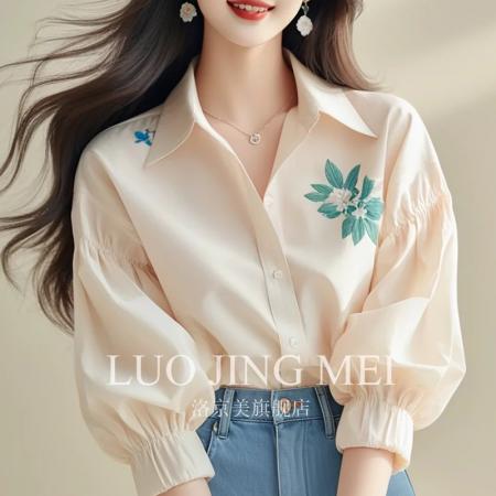 FA38210# 秋季新款杏色长袖印花衬衫女韩系休闲减龄超好看上衣轻熟法式甜美 服裝批發女裝批發服飾貨源