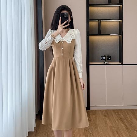 FA38212# 秋季新款女气质娃娃领假两件通勤早秋拼接连衣裙遮肚修身裙子 服裝批發女裝批發服飾貨源