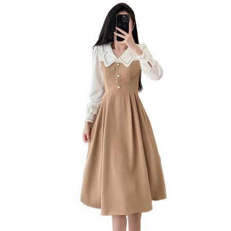 FA38212# 秋季新款女气质娃娃领假两件通勤早秋拼接连衣裙遮肚修身裙子 服裝批發女裝批發服飾貨源
