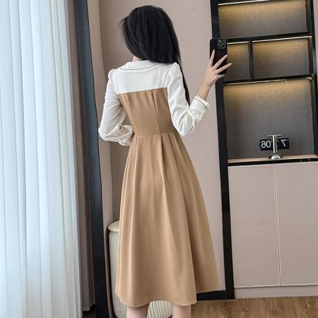 FA38212# 秋季新款女气质娃娃领假两件通勤早秋拼接连衣裙遮肚修身裙子 服裝批發女裝批發服飾貨源