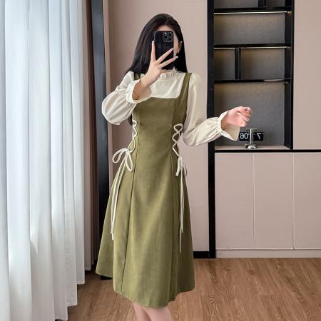 FA38213# 秋冬季新款法式复古长袖连衣裙女装气质绿色内搭打底裙子 服裝批發女裝批發服飾貨源