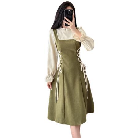 FA38213# 秋冬季新款法式复古长袖连衣裙女装气质绿色内搭打底裙子 服裝批發女裝批發服飾貨源