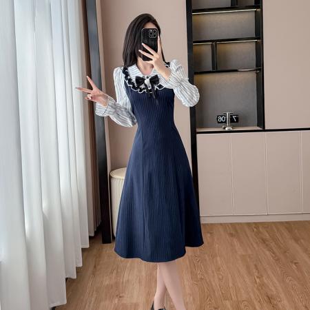 FA38214# 长袖假两件连衣裙女秋冬中长款收腰显瘦连衣裙显瘦遮肚裙子 服裝批發女裝批發服飾貨源