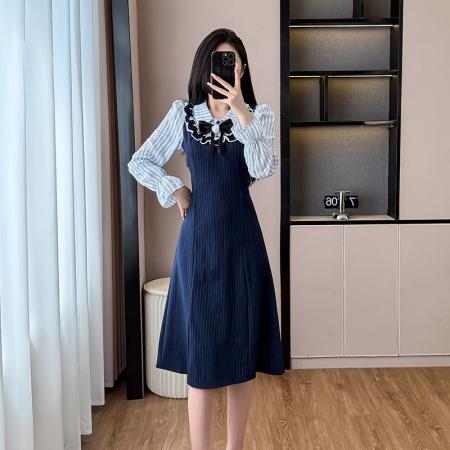 FA38214# 长袖假两件连衣裙女秋冬中长款收腰显瘦连衣裙显瘦遮肚裙子 服裝批發女裝批發服飾貨源