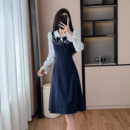FA38214# 长袖假两件连衣裙女秋冬中长款收腰显瘦连衣裙显瘦遮肚裙子 服裝批發女裝批發服飾貨源