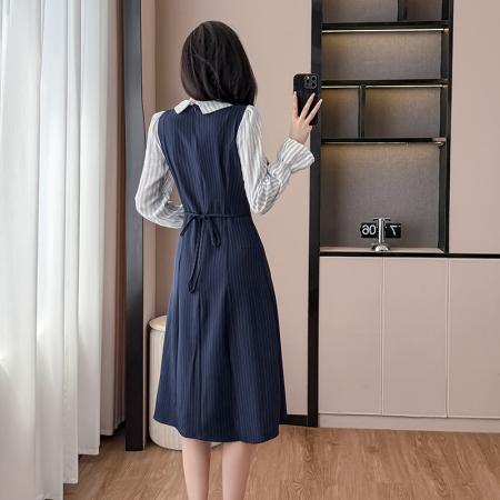 FA38214# 长袖假两件连衣裙女秋冬中长款收腰显瘦连衣裙显瘦遮肚裙子 服裝批發女裝批發服飾貨源