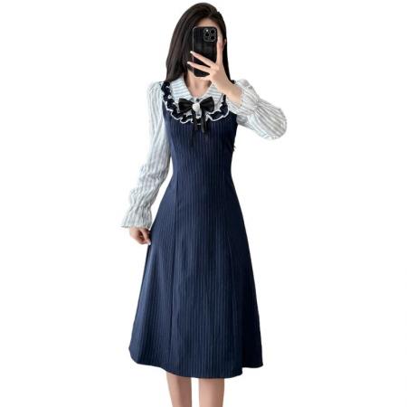 FA38214# 长袖假两件连衣裙女秋冬中长款收腰显瘦连衣裙显瘦遮肚裙子 服裝批發女裝批發服飾貨源