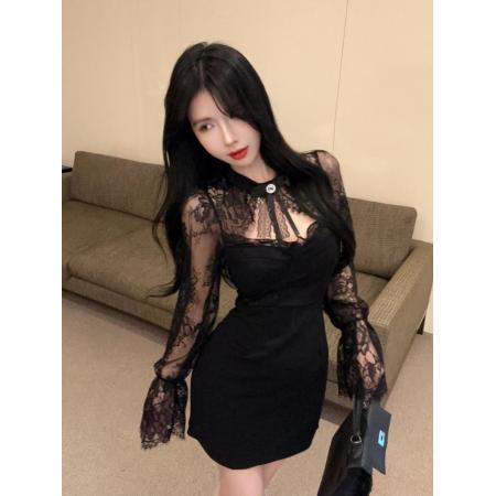 FA38218# 辣妹气质黑色蕾丝镂空拼接收腰紧身包臀连衣短裙 服裝批發女裝批發服飾貨源
