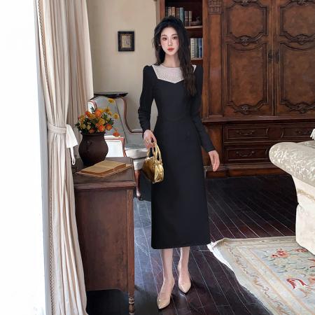 FA38222# 秋季气质高级感女装钉珠修身大方得体连衣裙 服裝批發女裝批發服飾貨源