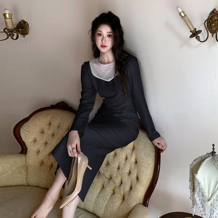 FA38222# 秋季气质高级感女装钉珠修身大方得体连衣裙 服裝批發女裝批發服飾貨源