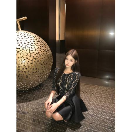 LN76265# 黑色镂空蕾丝上女高腰显瘦a字半身裙套装