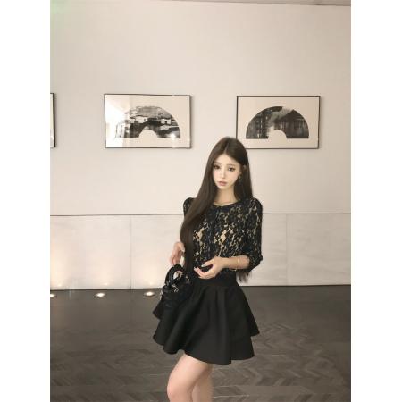 LN76265# 黑色镂空蕾丝上女高腰显瘦a字半身裙套装