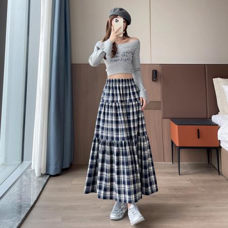 FA38231# 小个子秋冬季磨毛格子半身裙高腰修身公主裙 服裝批發女裝批發服飾貨源