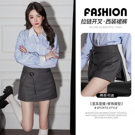 FA38242# 灰色蝴蝶结系带半身裙女秋季新款高腰a字气质显瘦短裙女 服裝批發女裝批發服飾貨源