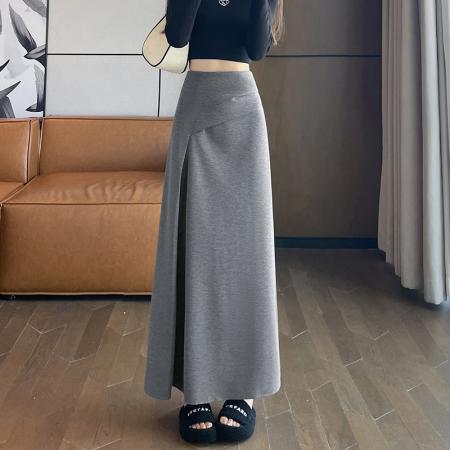 FA38243# 开叉半身裙女秋季新款不规则a字高腰垂感遮胯长裙子 服裝批發女裝批發服飾貨源