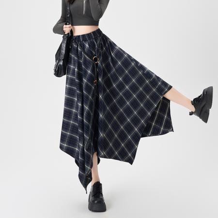 FA38244# 美式复古撞色气质格纹半身裙秋季新款垂感不规则半裙 服裝批發女裝批發服飾貨源