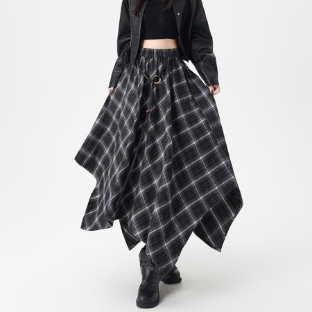 FA38244# 美式复古撞色气质格纹半身裙秋季新款垂感不规则半裙 服裝批發女裝批發服飾貨源
