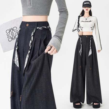 FA38246# 丝巾系带阔腿裤秋季新款韩版百搭气质高腰显瘦长裤女 服裝批發女裝批發服飾貨源