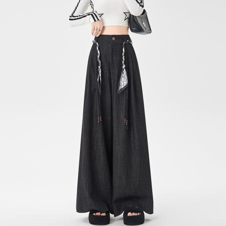 FA38246# 丝巾系带阔腿裤秋季新款韩版百搭气质高腰显瘦长裤女 服裝批發女裝批發服飾貨源