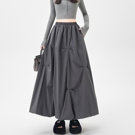 FA38247# 白色褶皱花苞半身裙女秋冬新款遮胯a字裙蓬蓬灯笼长裙子 服裝批發女裝批發服飾貨源