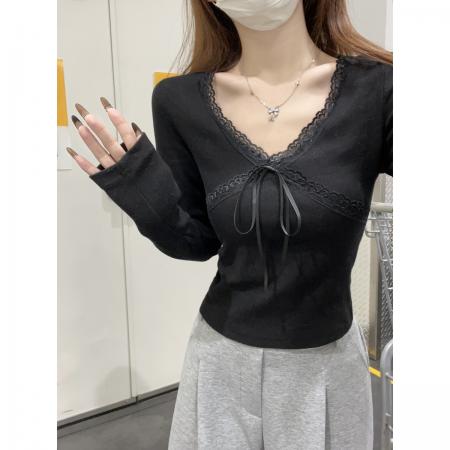 FA38253# 早秋韩版设计感交叉v领蕾丝拼接系带修身长袖T恤上衣女 服裝批發女裝批發服飾貨源