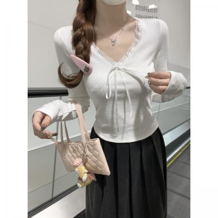 FA38253# 早秋韩版设计感交叉v领蕾丝拼接系带修身长袖T恤上衣女 服裝批發女裝批發服飾貨源