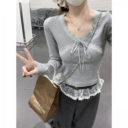 FA38253# 早秋韩版设计感交叉v领蕾丝拼接系带修身长袖T恤上衣女 服裝批發女裝批發服飾貨源