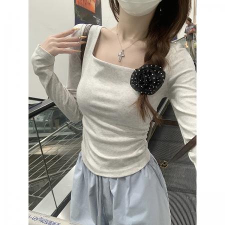 FA38254# 早秋韩版气质修身褶皱方领辣妹纯棉内搭长袖T恤打底上衣 服裝批發女裝批發服飾貨源