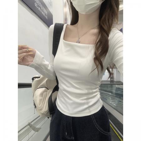 FA38254# 早秋韩版气质修身褶皱方领辣妹纯棉内搭长袖T恤打底上衣 服裝批發女裝批發服飾貨源