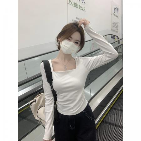 FA38254# 早秋韩版气质修身褶皱方领辣妹纯棉内搭长袖T恤打底上衣 服裝批發女裝批發服飾貨源