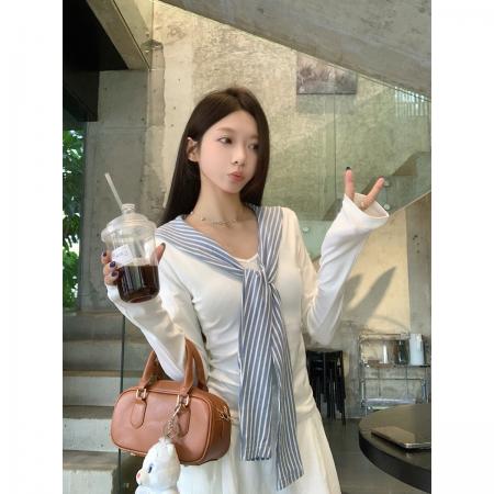 FA38256# 早秋韩版学院风修身V领披肩条纹领带长袖打底T恤上衣女 服裝批發女裝批發服飾貨源