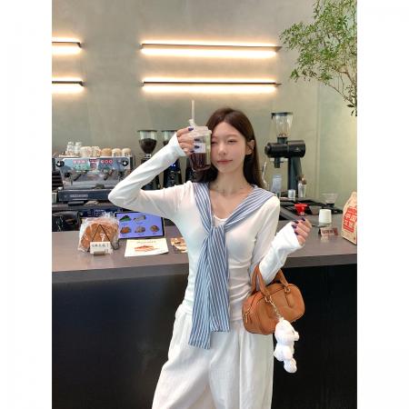 FA38256# 早秋韩版学院风修身V领披肩条纹领带长袖打底T恤上衣女 服裝批發女裝批發服飾貨源