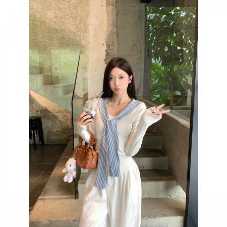 FA38256# 早秋韩版学院风修身V领披肩条纹领带长袖打底T恤上衣女 服裝批發女裝批發服飾貨源