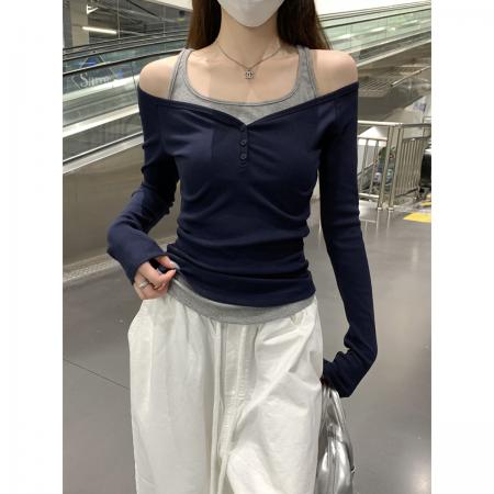 FA38257# 秋季韩版撞色气质露肩显瘦假两件设计感长袖T恤上衣女 服裝批發女裝批發服飾貨源