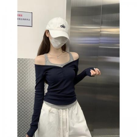 FA38257# 秋季韩版撞色气质露肩显瘦假两件设计感长袖T恤上衣女 服裝批發女裝批發服飾貨源