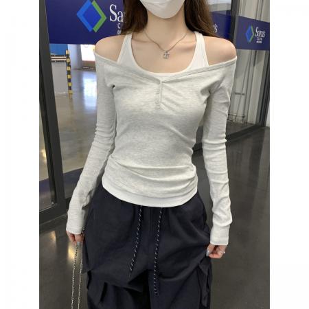 FA38257# 秋季韩版撞色气质露肩显瘦假两件设计感长袖T恤上衣女 服裝批發女裝批發服飾貨源