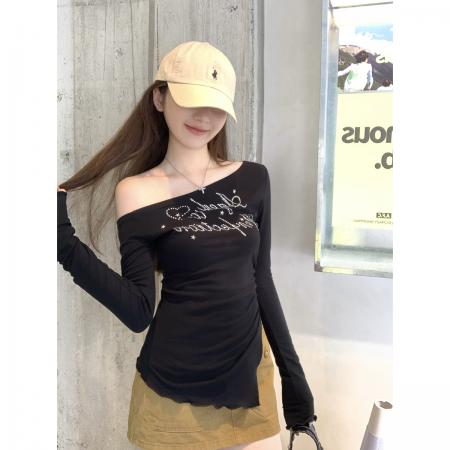 FA38258# 早秋韩版设计感斜肩烫钻气质内搭长袖T恤辣妹打底上衣女 服裝批發女裝批發服飾貨源