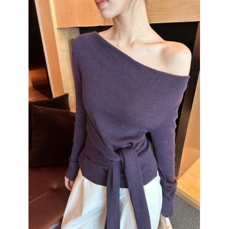 FA38263# 四色法式气质绑带收腰斜肩早秋针织上衣女长袖独特漂亮洋气1 服裝批發女裝批發服飾貨源
