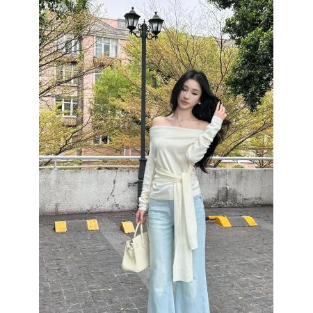 FA38263# 四色法式气质绑带收腰斜肩早秋针织上衣女长袖独特漂亮洋气1 服裝批發女裝批發服飾貨源