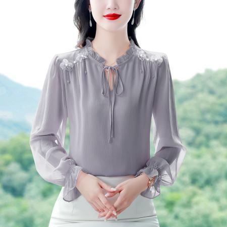 FA38272# 秋季新款蝴蝶结立领长袖雪纺衫女上衣洋气打底衫显瘦衬衫 服裝批發女裝批發服飾貨源
