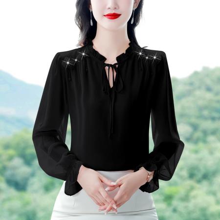 FA38272# 秋季新款蝴蝶结立领长袖雪纺衫女上衣洋气打底衫显瘦衬衫 服裝批發女裝批發服飾貨源