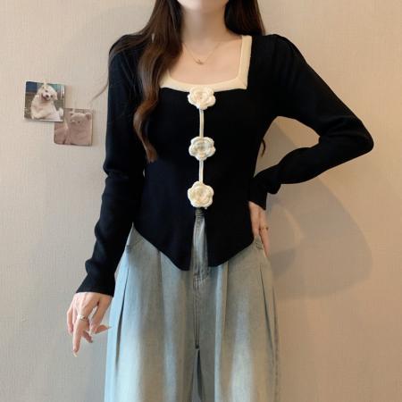 FA38277# 大码女装胖mm秋冬法式方领立体花朵不规则针织衫上衣显瘦毛衣 服裝批發女裝批發服飾貨源