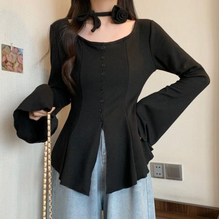 FA38279# 大码女装胖mm秋季设计感U领喇叭袖不规则上衣显瘦长袖针织衫 服裝批發女裝批發服飾貨源
