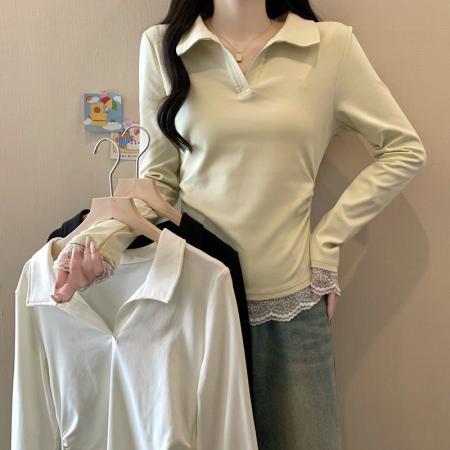 FA38280# 大码女装胖mm秋季设计感蕾丝拼接翻领假两件上衣显瘦长袖T桖 服裝批發女裝批發服飾貨源
