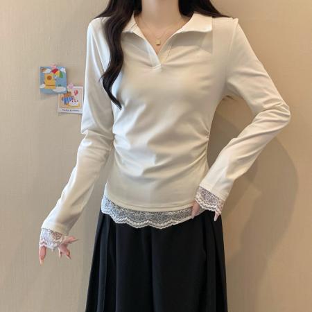 FA38280# 大码女装胖mm秋季设计感蕾丝拼接翻领假两件上衣显瘦长袖T桖 服裝批發女裝批發服飾貨源