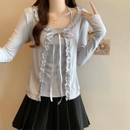 FA38281# 假两件蝴蝶结系带蕾丝T恤女纯欲风正肩上衣 服裝批發女裝批發服飾貨源