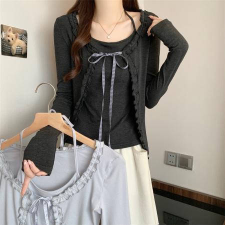 FA38281# 假两件蝴蝶结系带蕾丝T恤女纯欲风正肩上衣 服裝批發女裝批發服飾貨源