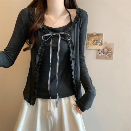 FA38281# 假两件蝴蝶结系带蕾丝T恤女纯欲风正肩上衣 服裝批發女裝批發服飾貨源