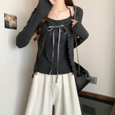 FA38281# 假两件蝴蝶结系带蕾丝T恤女纯欲风正肩上衣 服裝批發女裝批發服飾貨源