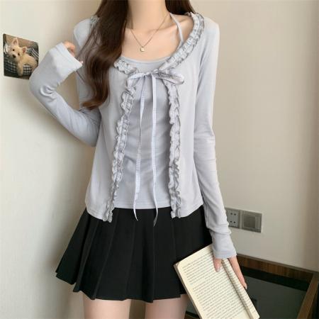 FA38281# 假两件蝴蝶结系带蕾丝T恤女纯欲风正肩上衣 服裝批發女裝批發服飾貨源
